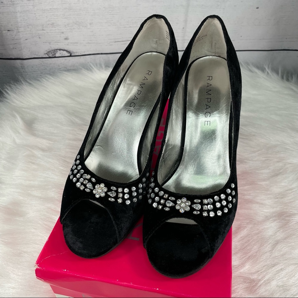 RAMPAGE Velvet Rhinestone Peep Toe Heels, Black, Original Box - Picture 3 of 11